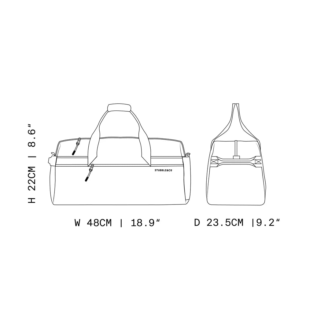 Black gym duffel bag with top handle, end pockets, and front zip section