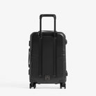 Black cabin suitcase with telescopic handle and four spinner wheels