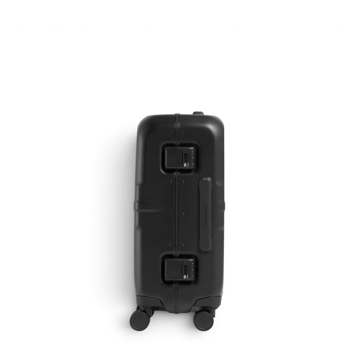 Black hardshell cabin suitcase with top handle and four spinner wheels