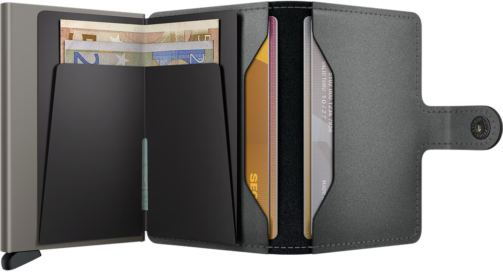 Secrid Miniwallet open with visible card slots and matte satin steel exterior