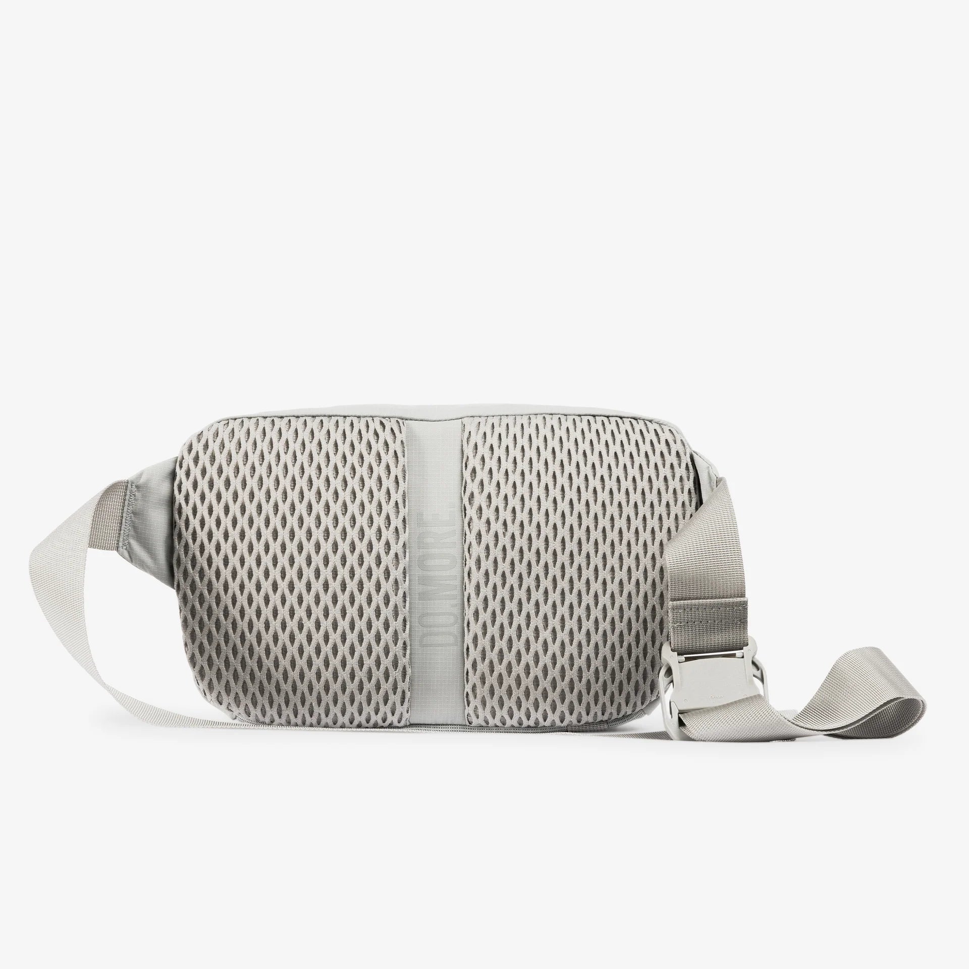 Ash gray sling bag with textured mesh back panel and adjustable strap