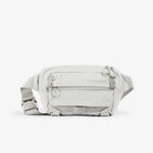Ash gray sling bag with front zip compartment and drawcord pull