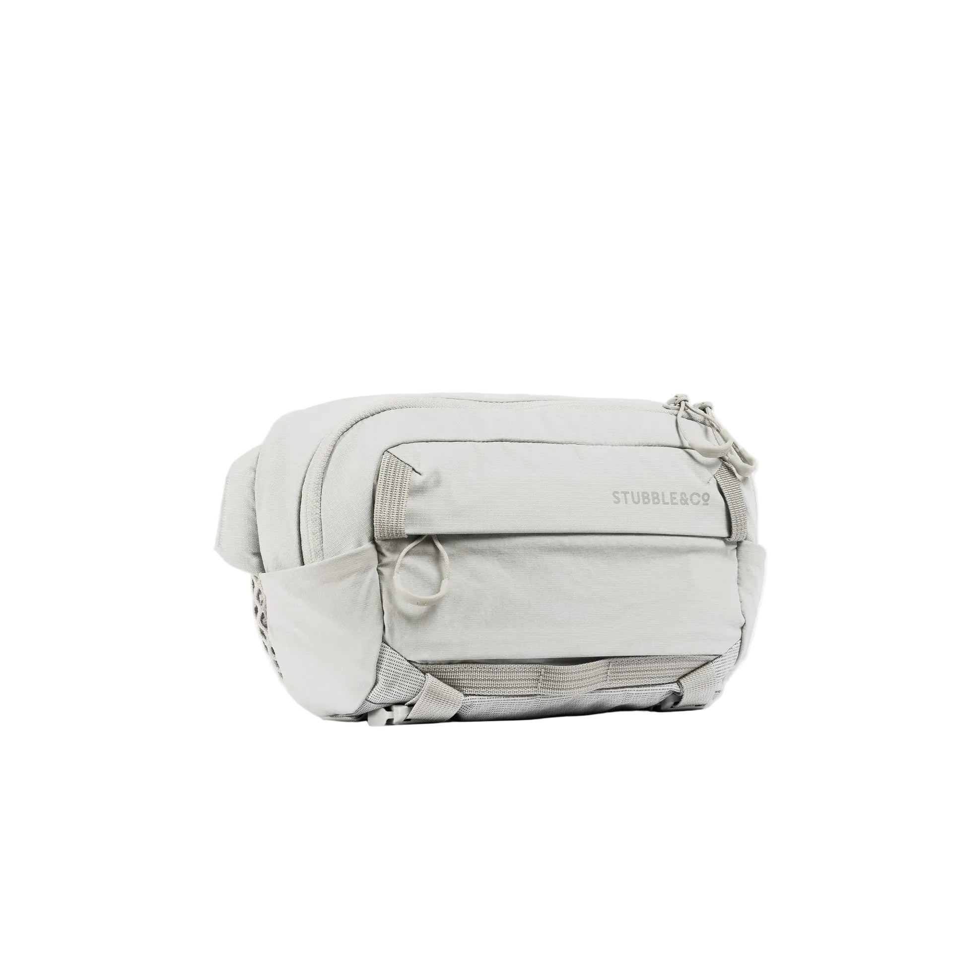 Ash gray canvas sling bag with front zip pocket and adjustable strap