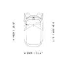Ash gray motion backpack with top zipper, front panel, and adjustable straps, 29cm wide