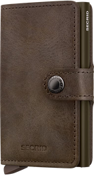 Secrid mini wallet in dark brown leather with stitched fold and snap button detail.