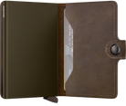 Secrid mini wallet open view showing card slots and dark brown leather shell.