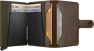 Secrid mini wallet with multiple cards visible inside and snap closure on brown leather.
