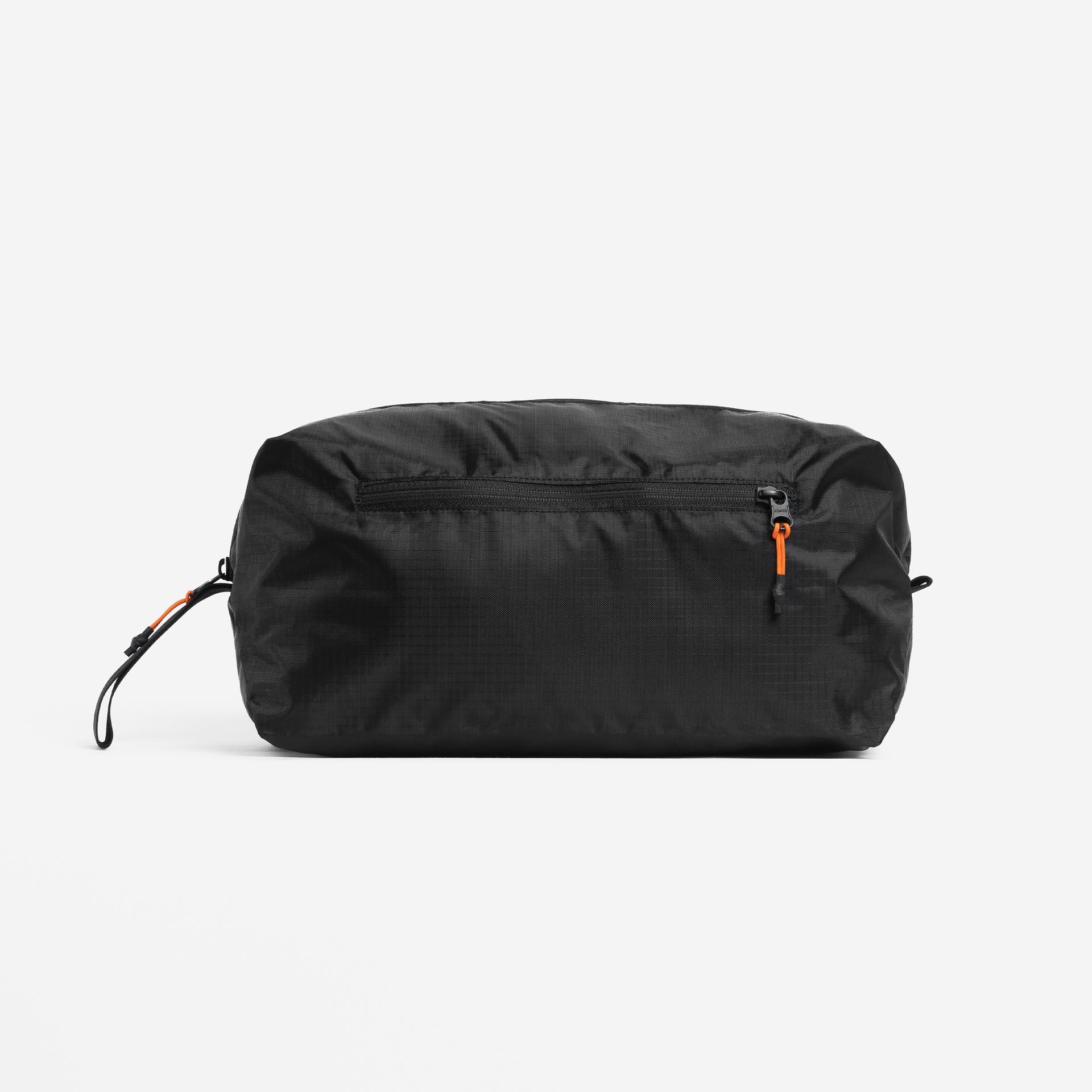 Black weatherproof shoe bag with orange-accent zip and carry loops.
