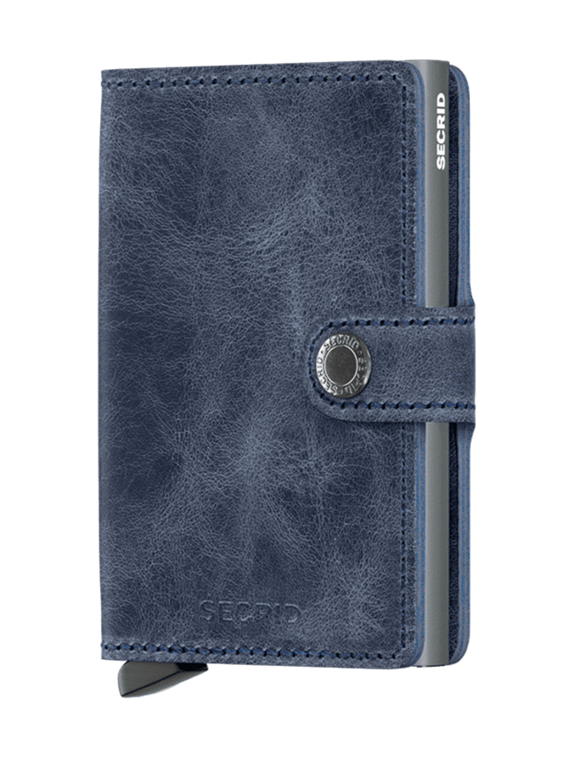 Blue leather miniwallet with button tab and embossed SECRID logo