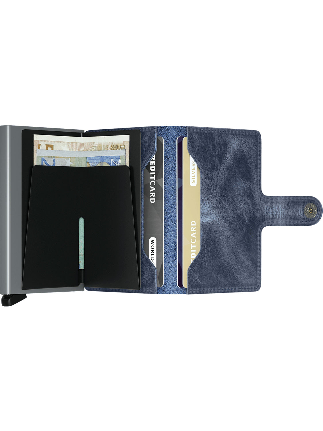 Blue leather miniwallet open with card slots and inner cash compartment