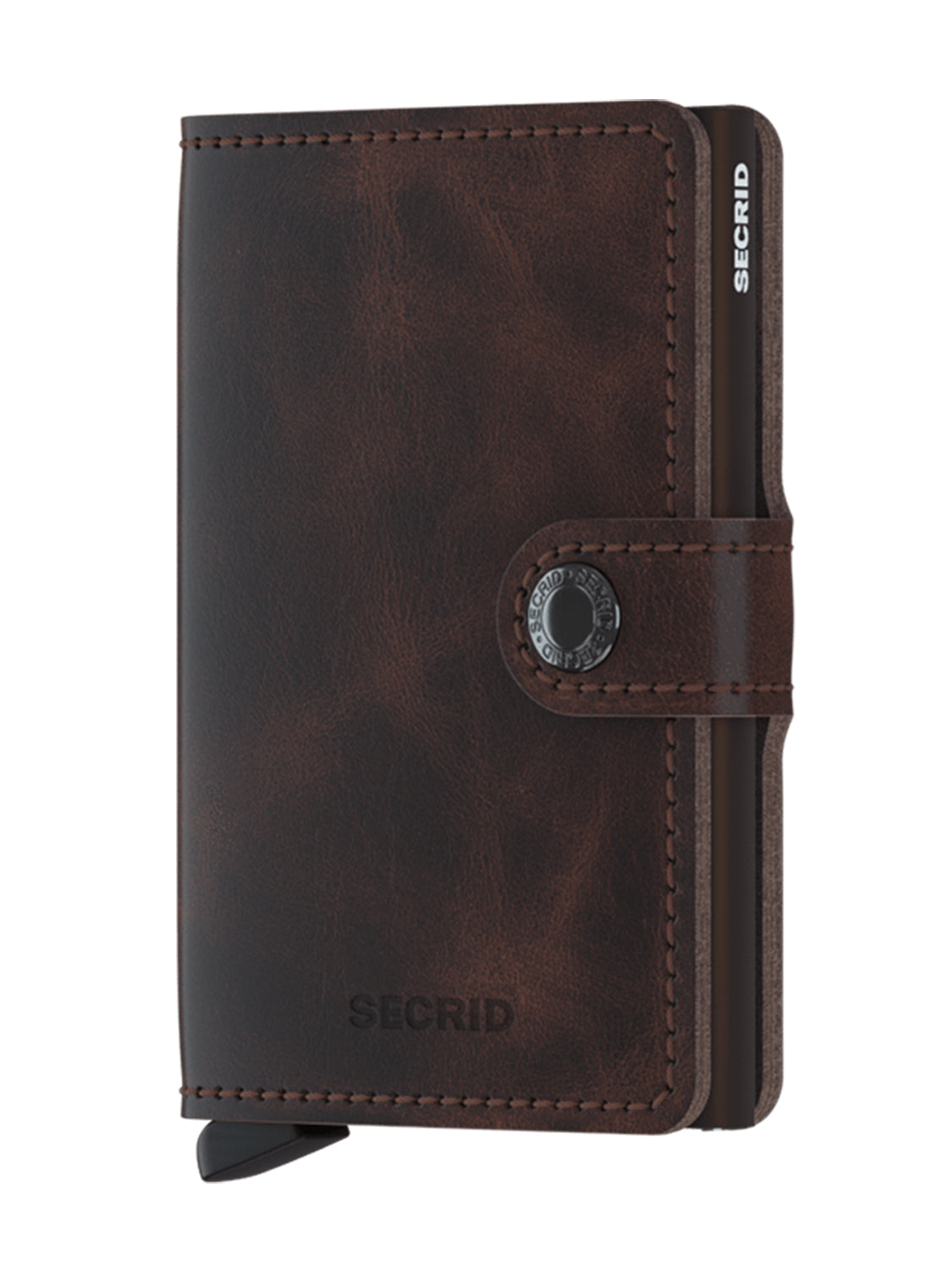 Brown leather mini wallet with stitched edge and metal button clasp, SECRID logo