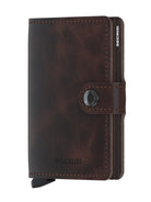 Brown leather mini wallet with stitched edge and metal button clasp, SECRID logo