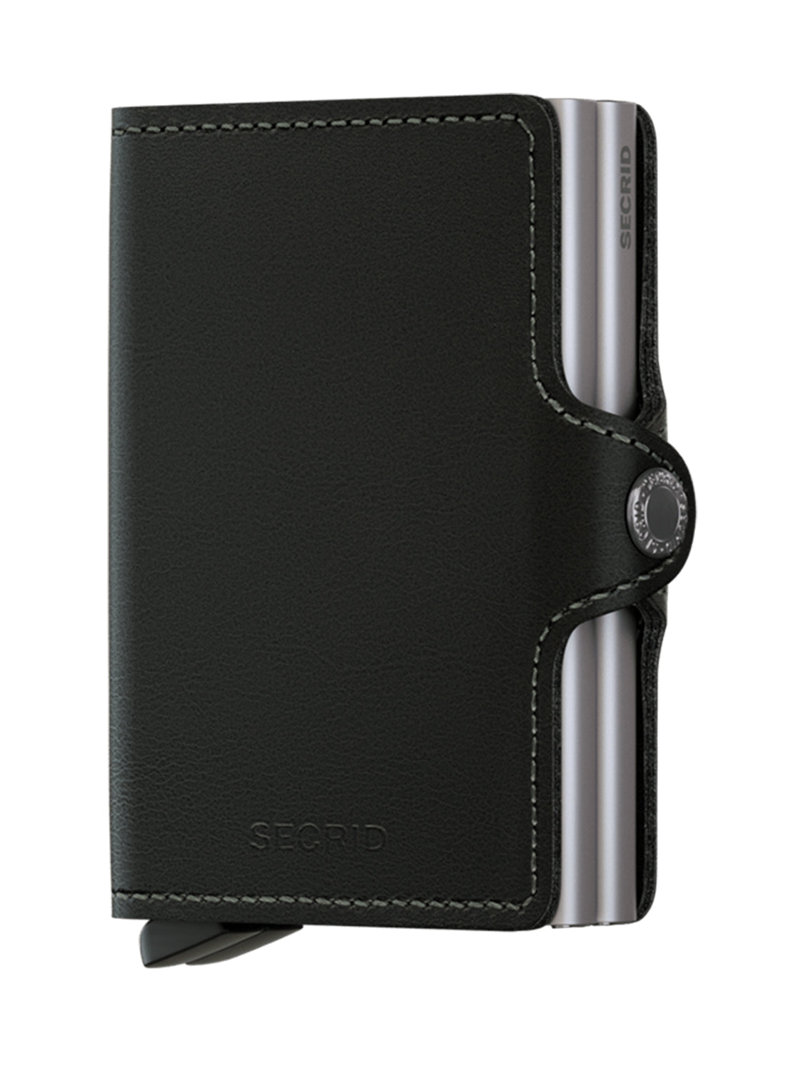 Black leather bifold wallet with metal card slider and round embossed button