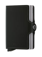 Black leather bifold wallet with metal card slider and round embossed button