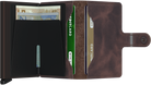 Brown leather mini wallet open with card window and visible cards and cash slot