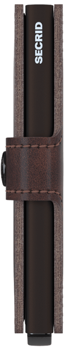 Brown mini wallet side view with SECRID logo and stitched leather strap