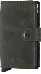 Olive green mini wallet with stitched edges and circular logo snap tab