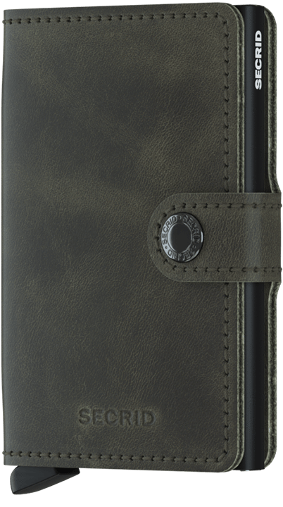 Olive green mini wallet with stitched edges and circular logo snap tab