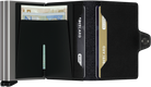 Black leather wallet open with multiple cards and money clip-style divider